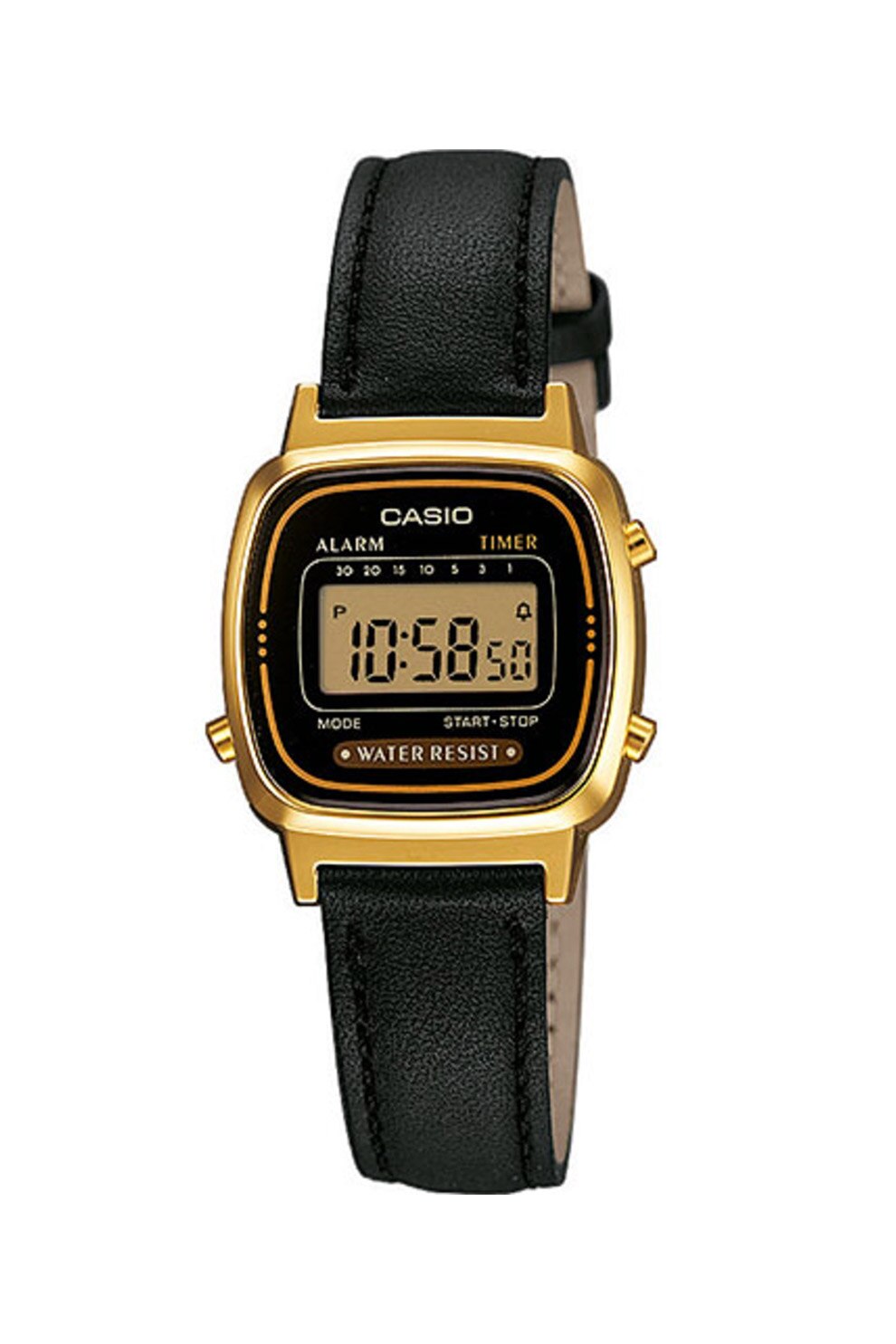 Casio, Ceas cronograf digital cu o curea din piele, Negru/Auriu